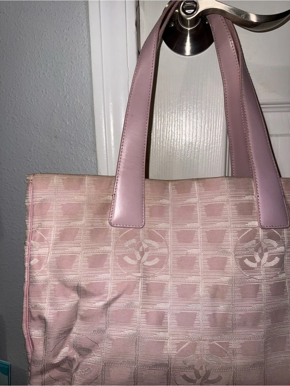 Vintage CHANEL Pink Signature Canvas Tote with Leather Handles